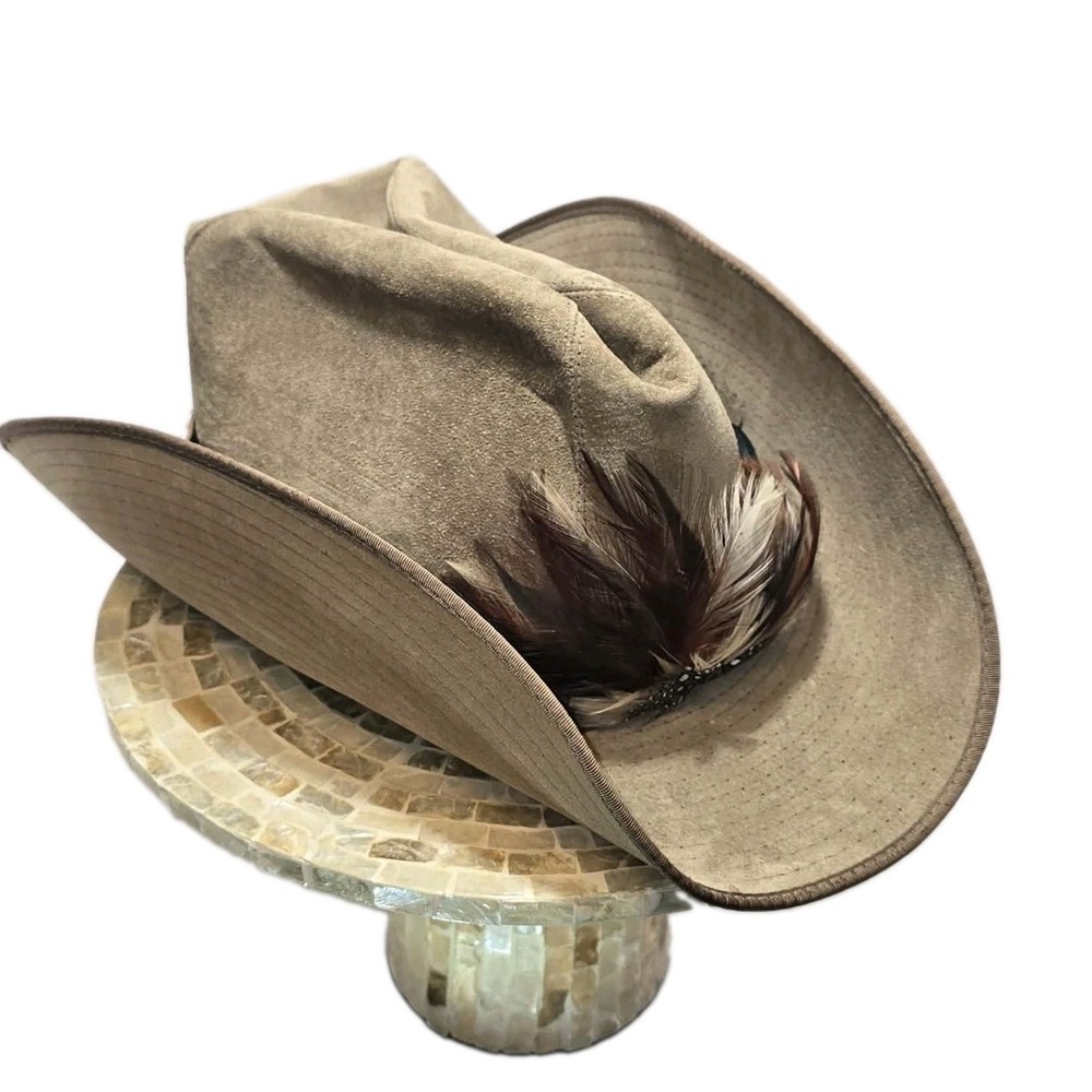 Vintage Genuine Suede Leather Western Fedora/Cowboy Hat Feather Plume Size 7 1/8